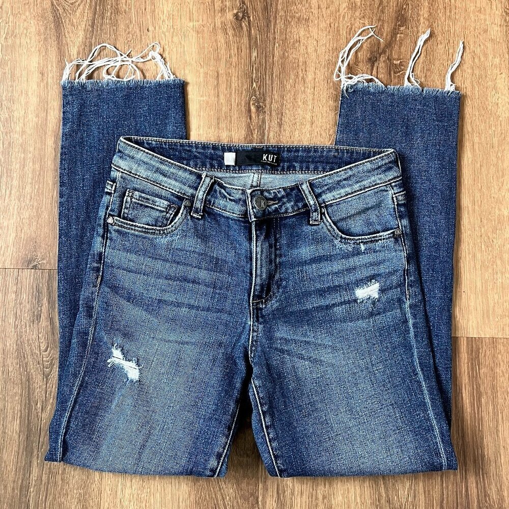 KUT Ankle Straight Raw Hem Distressed Denim Jeans Sz 2